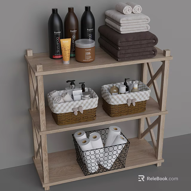 Wooden Bathroom Storage Shelf with Baskets Towels Toilet Paper and Toiletries Organizer 3d model 