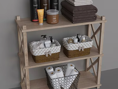 Wooden Bathroom Storage Shelf with Baskets Towels Toilet Paper and Toiletries Organizer 3d model