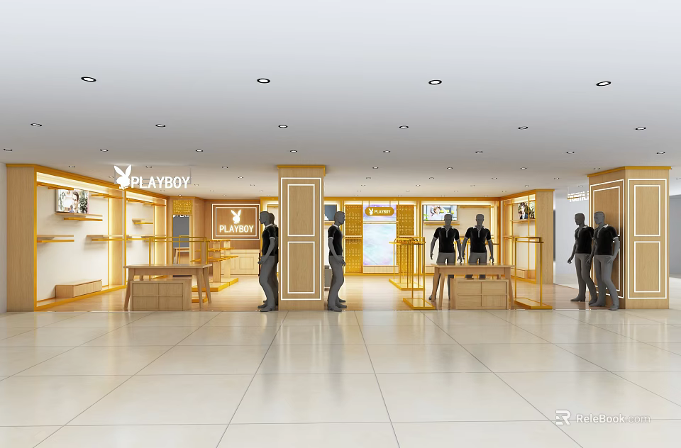 Modern Clothing Store Interior With Mannequins Shelves Display Counters And Tile Floor 3d model 