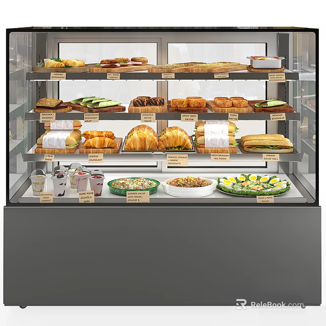 Buffet Display Cabinet With Layered Shelves Holding Croissants Sandwiches Salads And Drinks 3d model 