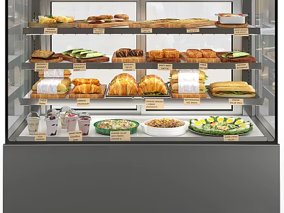 Buffet Display Cabinet With Layered Shelves Holding Croissants Sandwiches Salads And Drinks 3d model
