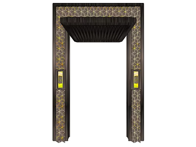 Decorative Entrance Door With Geometric Patterned Frame Side Yellow Lights And Top Curtain Design 3d model