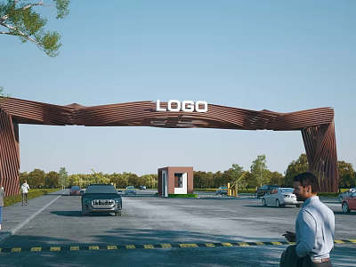 Modern Curved Entrance Gate With LOGO Design For Vehicle Access And Green Surroundings 3d model