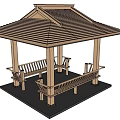 Wooden Garden Pavilion Featuring Four-Sided Roof and Benches Under Blue Sky White Clouds
