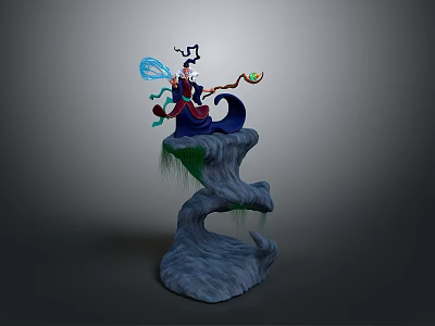 Man Sitting On Rock Base Holding Decorative Staff With Blue And Colorful Elements Green Moss 3d model