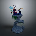 Man Sitting On Rock Base Holding Decorative Staff With Blue And Colorful Elements Green Moss