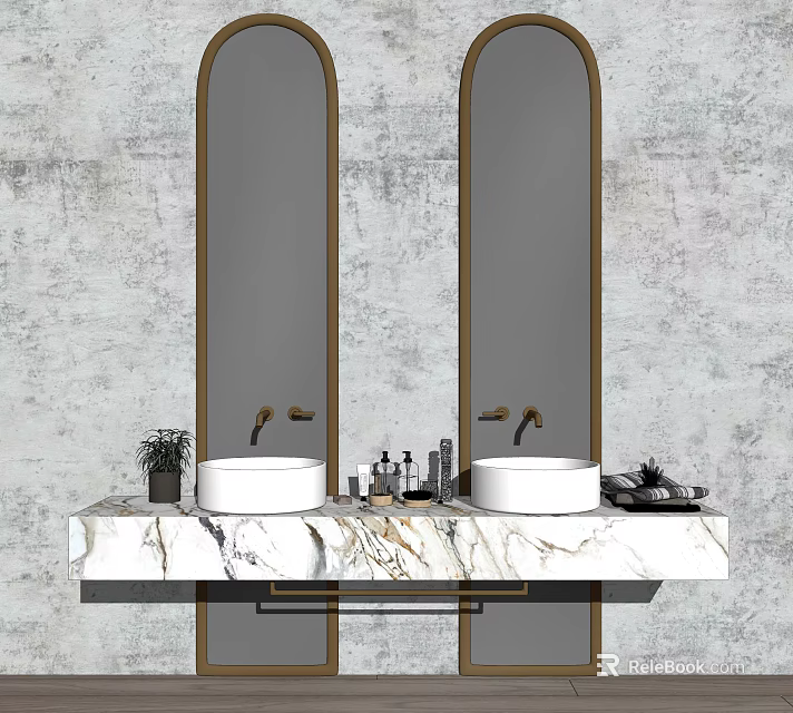 Elegant Double Sink Vanity With Marble Countertop Arched Gold Frame Mirrors And Gray Textured Wall 3d model 