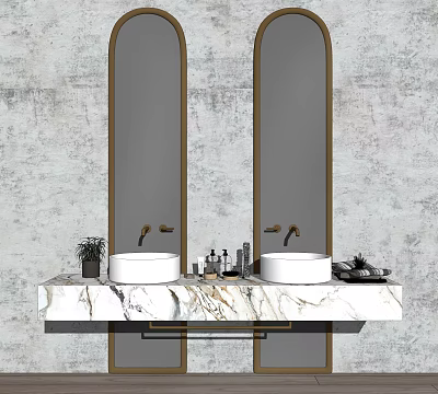 Elegant Double Sink Vanity With Marble Countertop Arched Gold Frame Mirrors And Gray Textured Wall 3d model