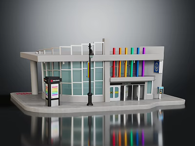 Modern Building With Glass Curtain Wall Colorful Stripes Platform Street Lamp And Information Board 3d model