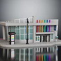 Modern Building With Glass Curtain Wall Colorful Stripes Platform Street Lamp And Information Board