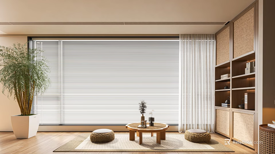 Cozy Home Balcony Interior With White Blinds Sheer Curtains Wooden Table And Woven Poufs 3d model 