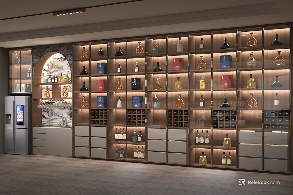 Modern Wooden Wine Cabinet With Illuminated Shelves And Various Wine Bottles 3d model 