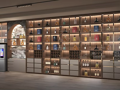 Modern Wooden Wine Cabinet With Illuminated Shelves And Various Wine Bottles 3d model