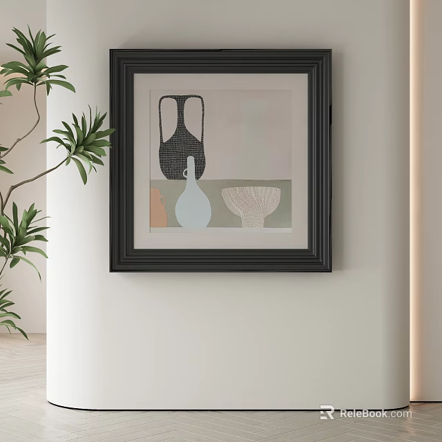 Abstract Painting In Black Frame Featuring Geometric Vases Soft Tones And Green Plant 3d model 