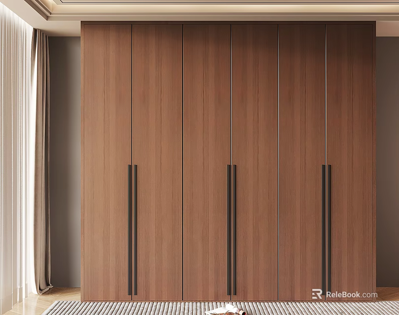 Modern Wooden Wardrobe With Long Metal Handles And Smooth Panel Design 3d model 