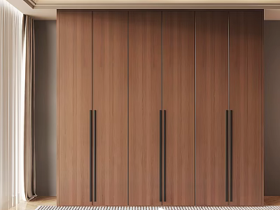 Modern Wooden Wardrobe With Long Metal Handles And Smooth Panel Design 3d model