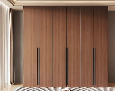 Modern Wooden Wardrobe With Long Metal Handles And Smooth Panel Design 3d model