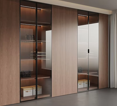 Modern Wooden Wardrobe With Glass Doors And Storage Shelves And Boxes 3d model