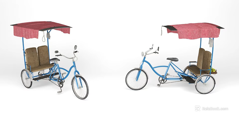 Blue Tricycle With Red Canopy And Comfortable Seats For Urban Transportation 3d model 