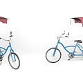 Blue Tricycle With Red Canopy And Comfortable Seats For Urban Transportation