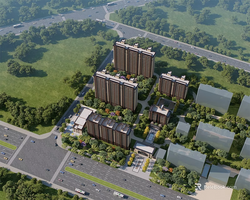 Modern High rise Residential Buildings with Green Spaces Trees and Surrounding Roads 3d model 