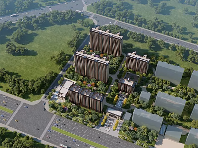 Modern High rise Residential Buildings with Green Spaces Trees and Surrounding Roads 3d model