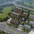 Modern High rise Residential Buildings with Green Spaces Trees and Surrounding Roads