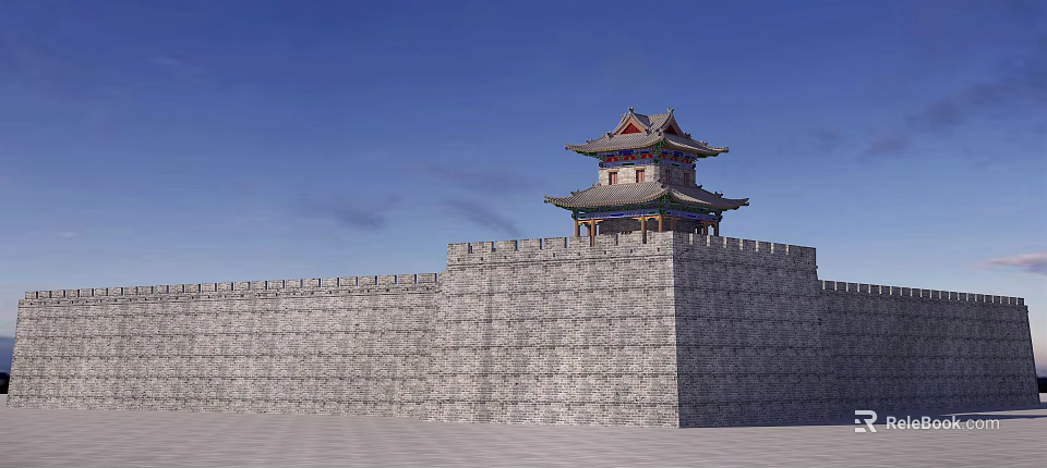 Ancient Chinese City Wall With Multi Tiered Traditional Watchtower Under Clear Blue Sky 3d model 