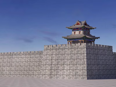 Ancient Chinese City Wall With Multi Tiered Traditional Watchtower Under Clear Blue Sky 3d model
