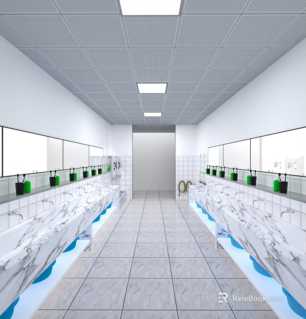 Spacious Bright Modern Public Restroom Interior Design With Symmetrical Marble Sink Rows And Large Mirrors 3d model 
