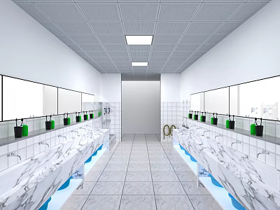 Spacious Bright Modern Public Restroom Interior Design With Symmetrical Marble Sink Rows And Large Mirrors 3d model