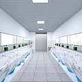 Spacious Bright Modern Public Restroom Interior Design With Symmetrical Marble Sink Rows And Large Mirrors
