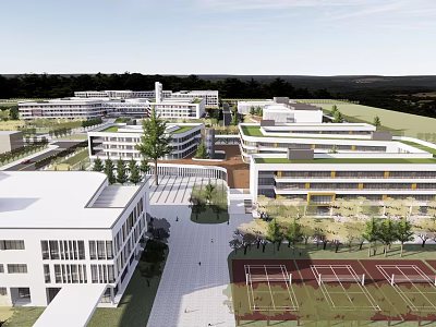 Modern School Campus Buildings With White Exterior Green Roofs Playground Trees And Walkways 3d model