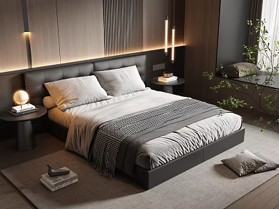 Modern Double Bed Interior Design With Leather Headboard Nightstands Lamps And Gray Bedding 3d model