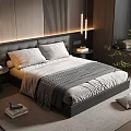 Modern Double Bed Interior Design With Leather Headboard Nightstands Lamps And Gray Bedding