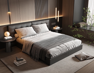 Minotti Double Bed Leather Double Bed Fabric Double Bedside Cabinet Small Chandelier Jewelry Ornaments 3d model