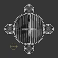 Round Wooden Table with Striped Top and Cross Base and Two Small Matching Stools