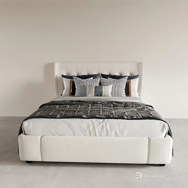 Modern Double Bed with White Headboard Multiple Checkered Pillows and Dark Blanket 3d model 