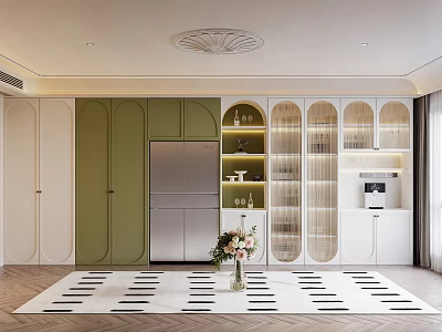 Wine Cabinet with Glass Doors in Modern Kitchen Green White Cabinetry Fridge And Flower Vase 3d model