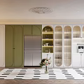 Wine Cabinet with Glass Doors in Modern Kitchen Green White Cabinetry Fridge And Flower Vase