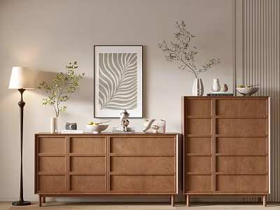 Modern Wooden Console Cabinet And Side Cabinet With Decorative Plants Wall Art And Lamp 3d model