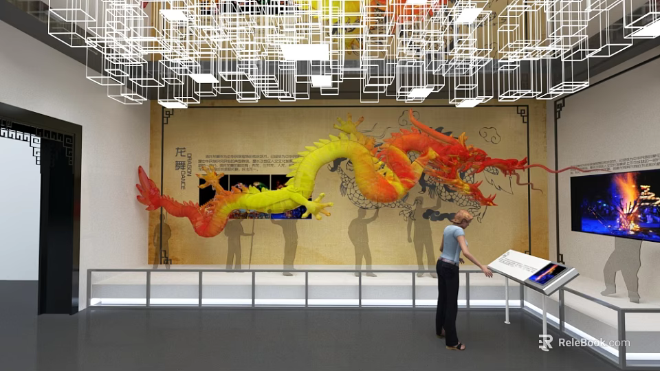 Cultural Center Interior Featuring Colorful Dragon Sculpture Calligraphy Background And Visitor Viewing 3d model 