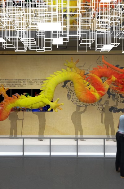 Cultural Center Interior Featuring Colorful Dragon Sculpture Calligraphy Background And Visitor Viewing 3d model