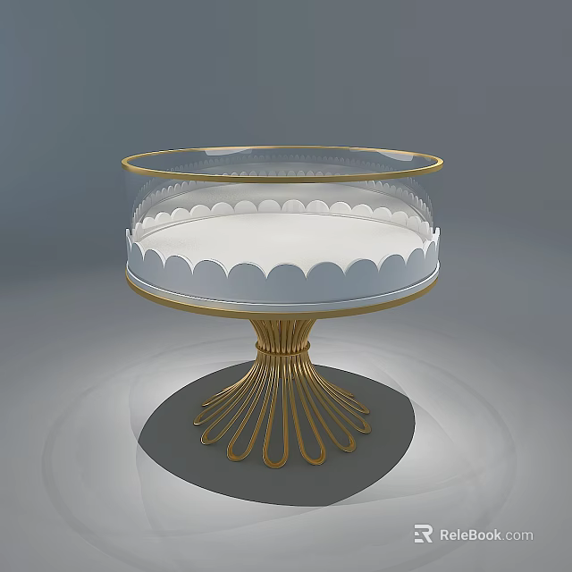 Elegant Jewelry Store Display Stand With Gold Base Round Top Scalloped Edge And Glass Cover 3d model 