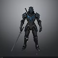 Armored Character With Blue And Black Metallic Armor Holding Sword In Standing Pose