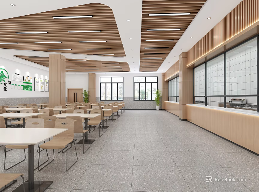 Spacious Modern Cafeteria Interior With Wooden Ceiling Tables Chairs Counter And Large Windows 3d model 