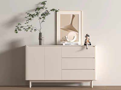 White Console Cabinet With Drawers Mirror Green Plant And Decorative Items 3d model