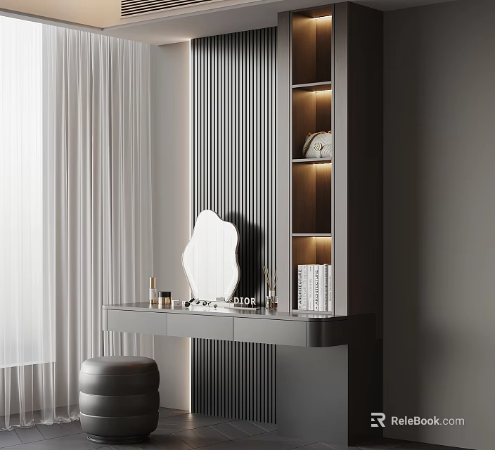 Modern Stylish Dressing Table With Oval Mirror Drawers And Decorative Stool 3d model