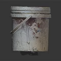 Old Worn White And Red Paint Bucket With Metal Handle On Black Background
