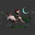 Whimsical Game Movie Character Riding Mythical Beast With Flower Crown And Crescent Moon